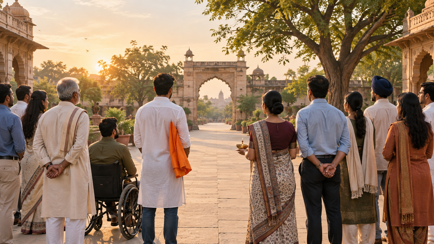 A calm group of Indian adults stands in an orderly public courtyard with a plain folded banner and an unlit brass lamp.