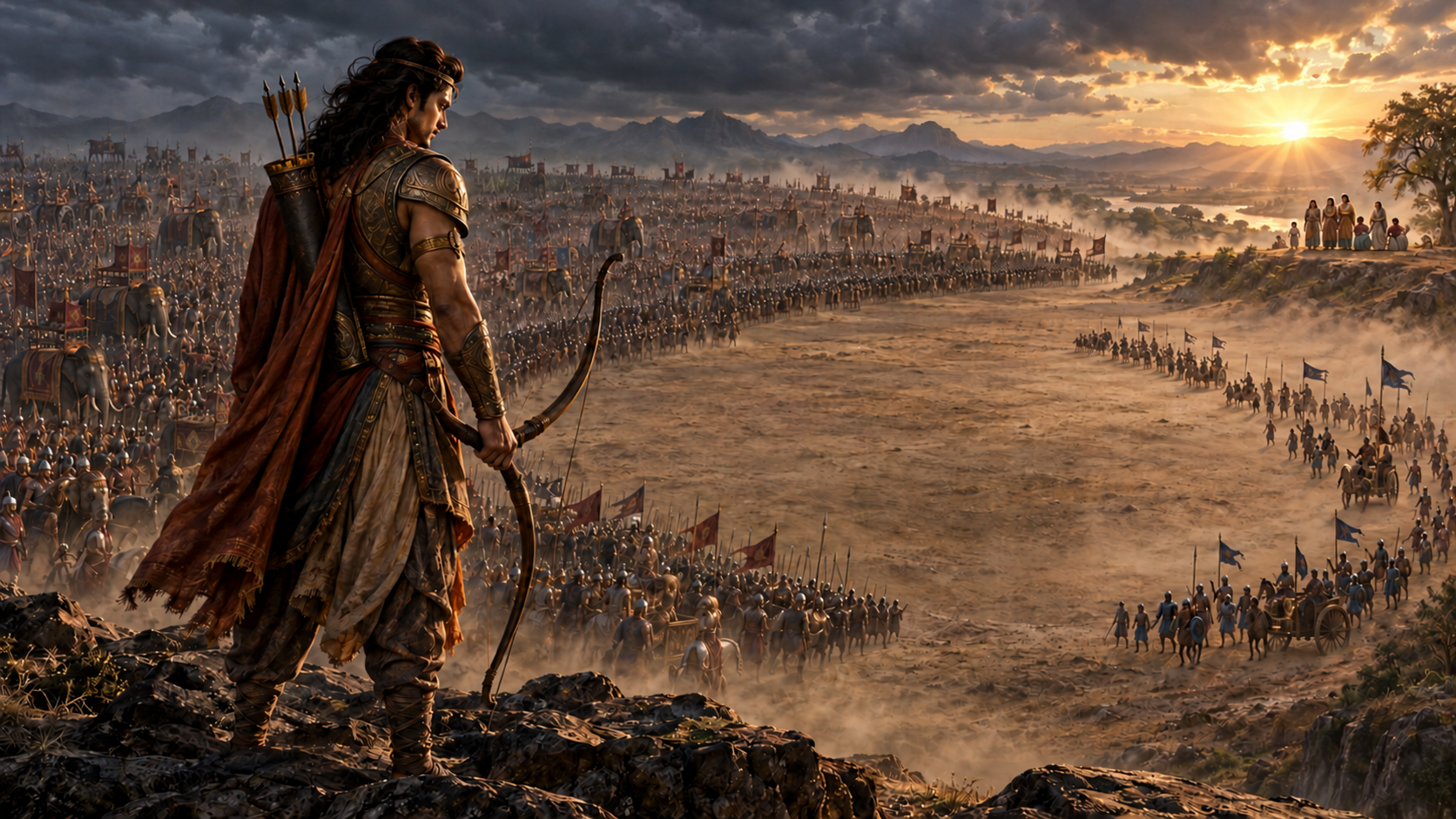 Barbarik stands on a ridge with a bow and three arrows, looking down at a large army facing a much smaller force on a circular battlefield.