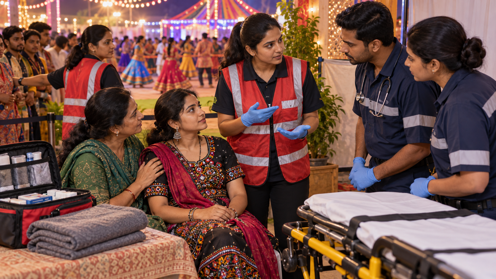 A first-aid volunteer gives paramedics a calm handoff while a seated devotee is supported by a family companion.