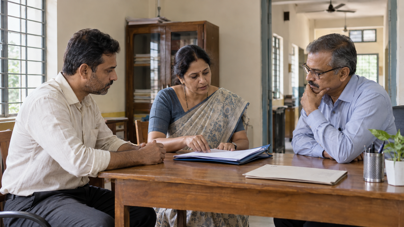 A parent, teacher, and school administrator discuss documents around a table in a public-school office.