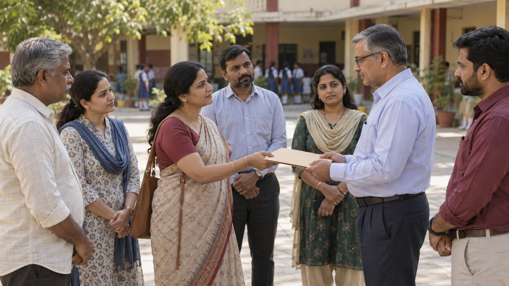 Community members calmly observe as a parent presents a document folder to a school official in a courtyard.