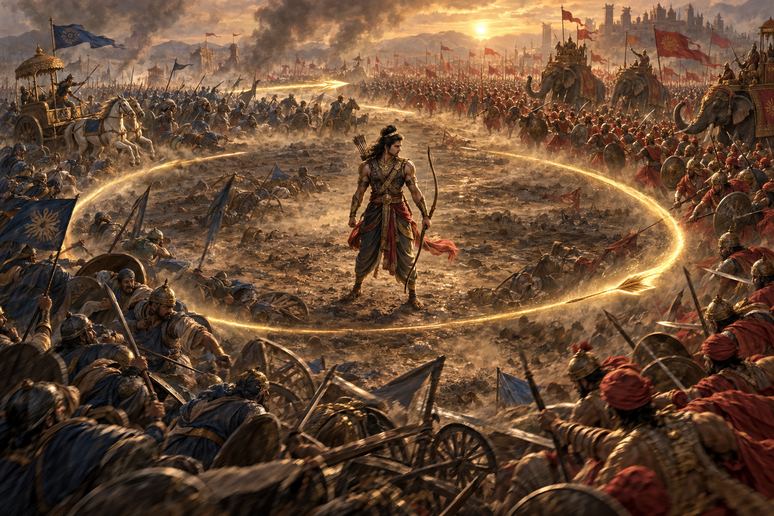 Barbarik turns between two ancient armies whose positions of strength and weakness reverse around a circular battlefield.