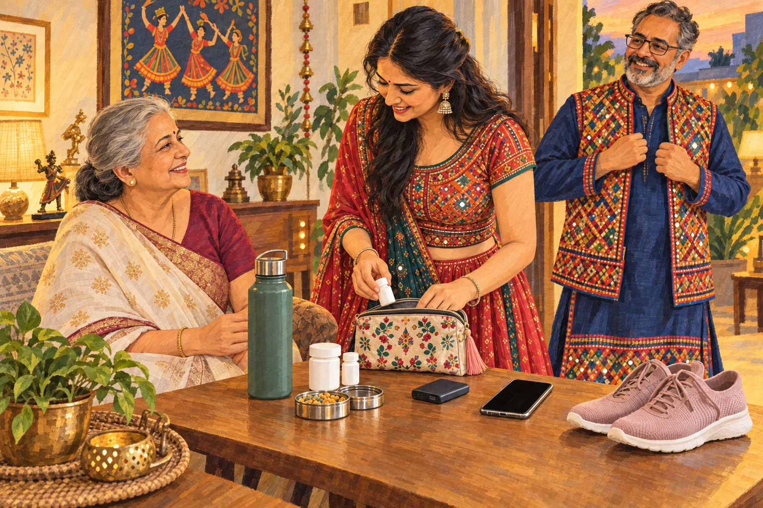 A family prepares water, personal medicine, a snack, a charged phone and comfortable footwear before attending Navratri.