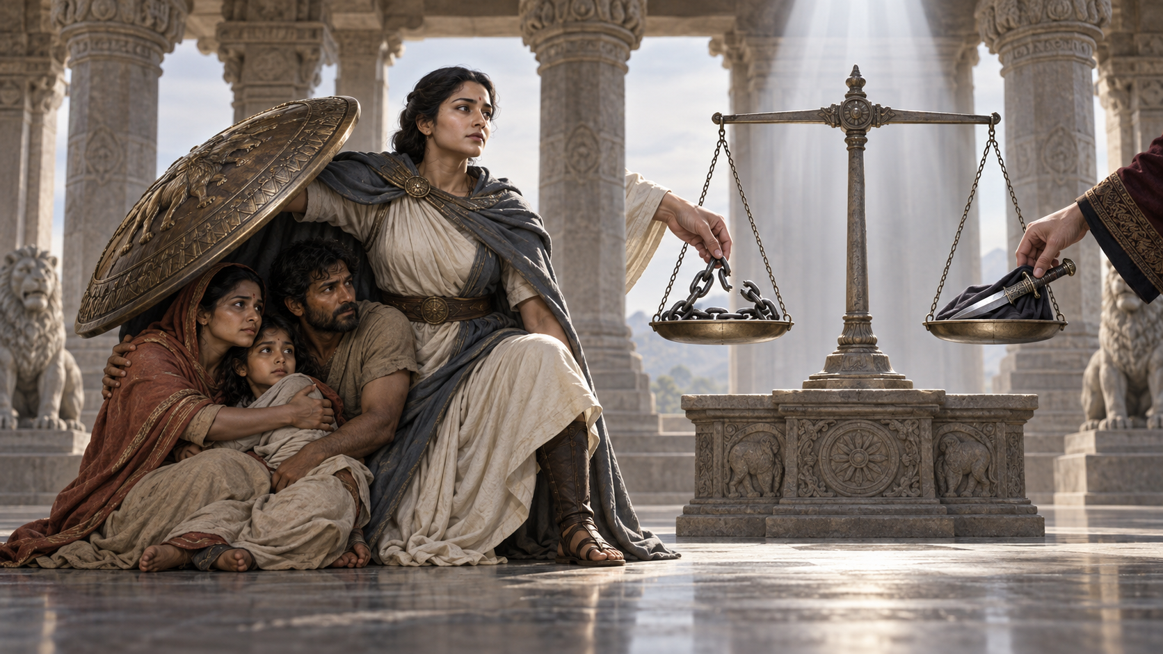 A guardian shields a vulnerable family while illuminated balance scales hold a broken chain and a concealed dagger.