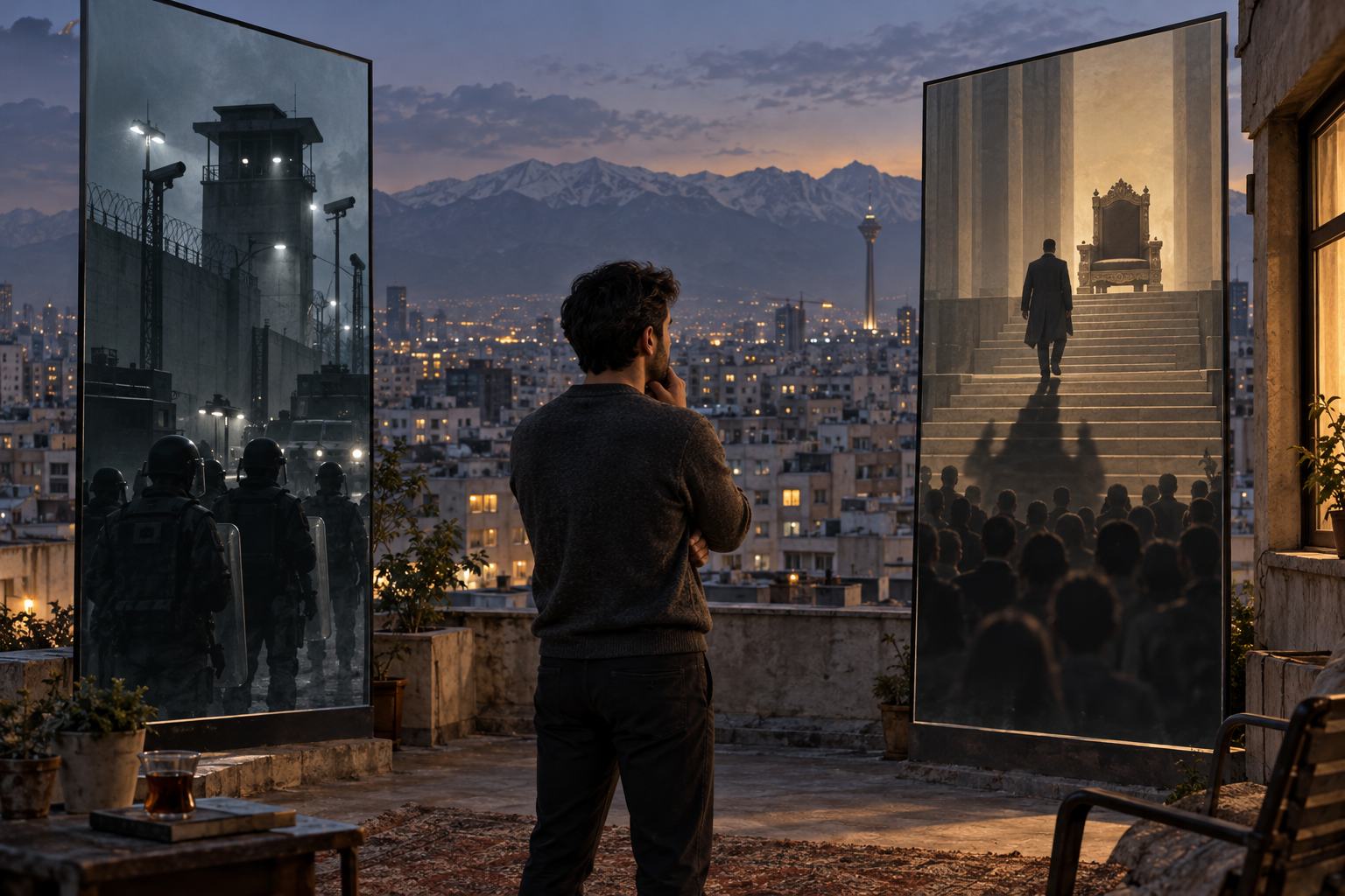 A citizen on a Tehran rooftop looks at two glass reflections showing an entrenched security state and an opposition figure casting an authoritarian shadow.