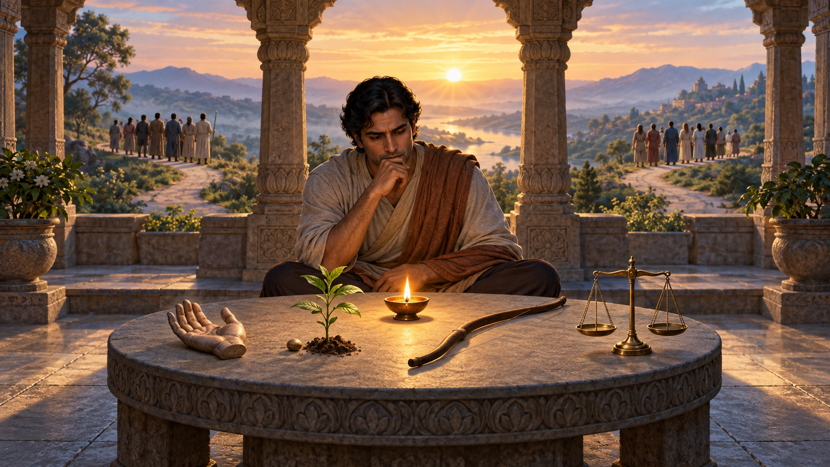 A seated person examines an open hand, a seed and sapling, an unstrung bow, and balanced scales before two diverging paths.