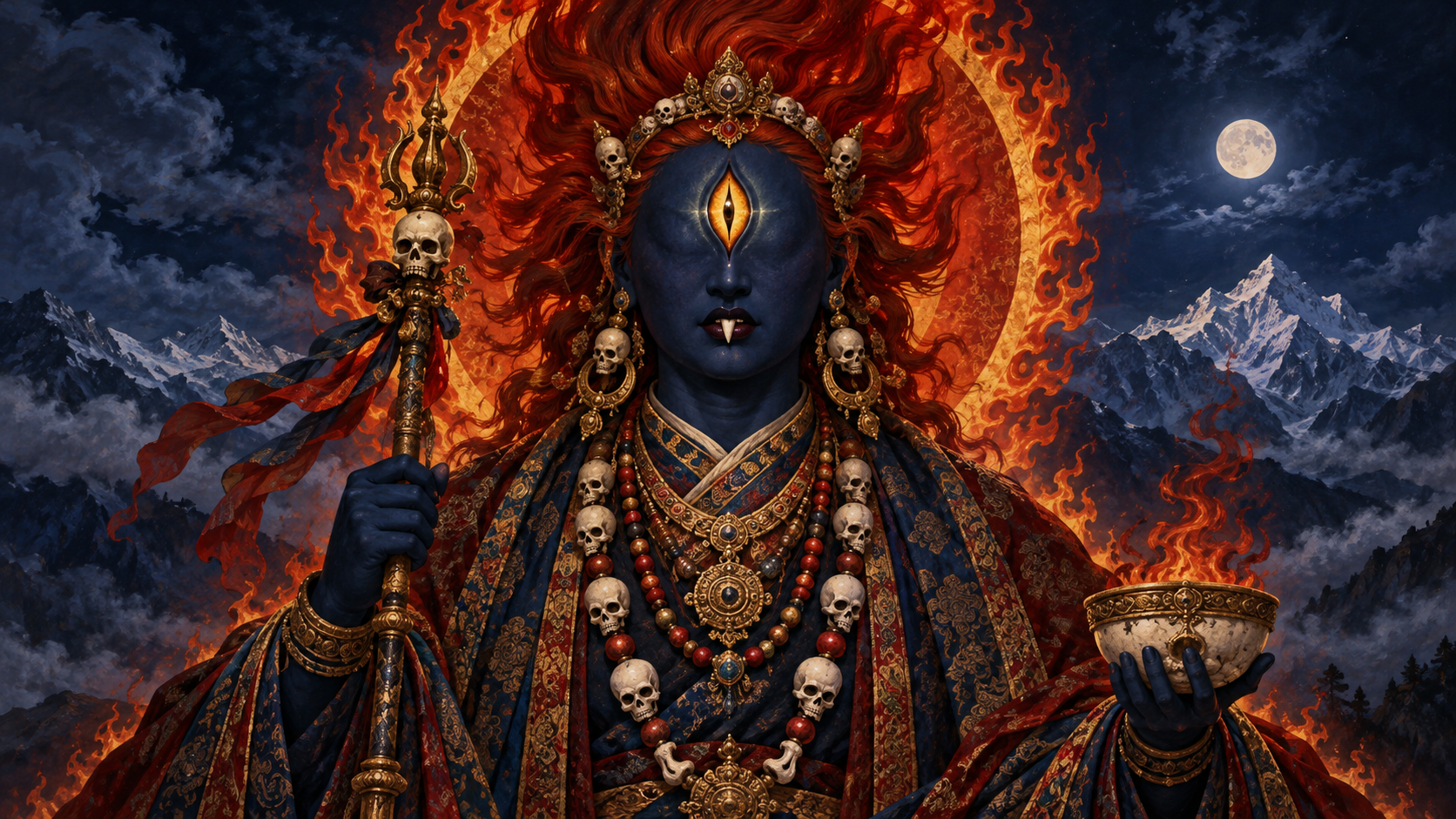 Original sacred-art illustration of blue Ekajata with one central wisdom eye, flame-red hair, bone ornaments, and a fiery halo against a dark Himalayan sky.