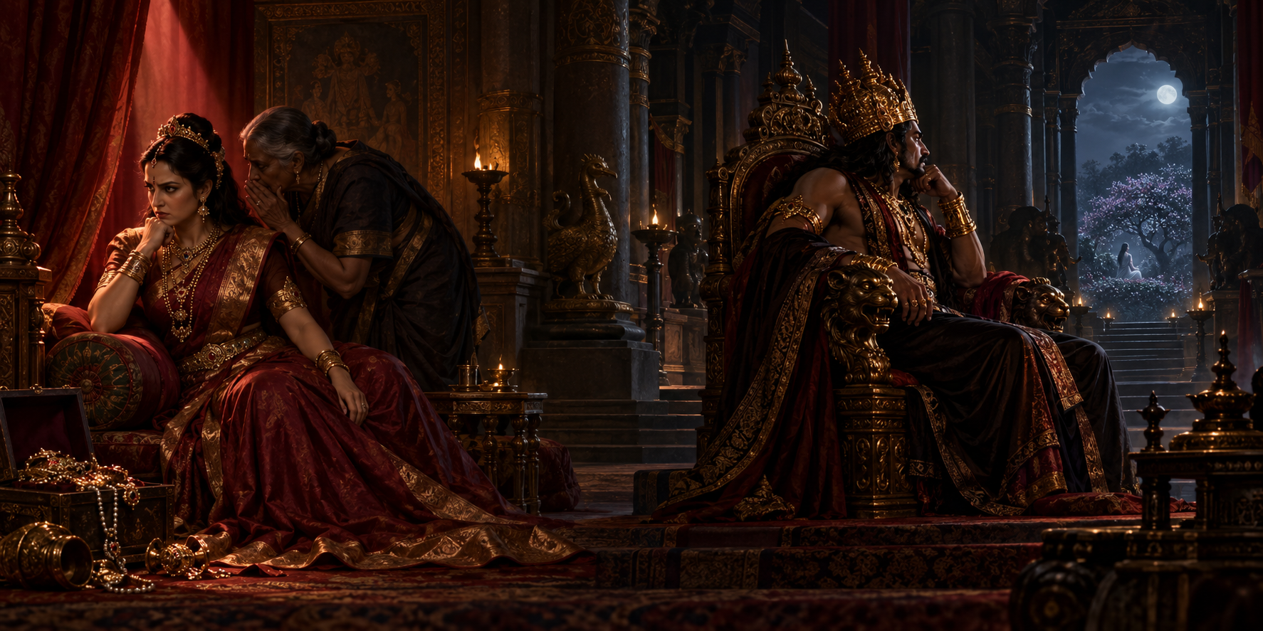 Kaikeyi listens tensely to an attendant in a dark palace chamber while Ravana sits fixated on a distant moonlit grove across the composition.