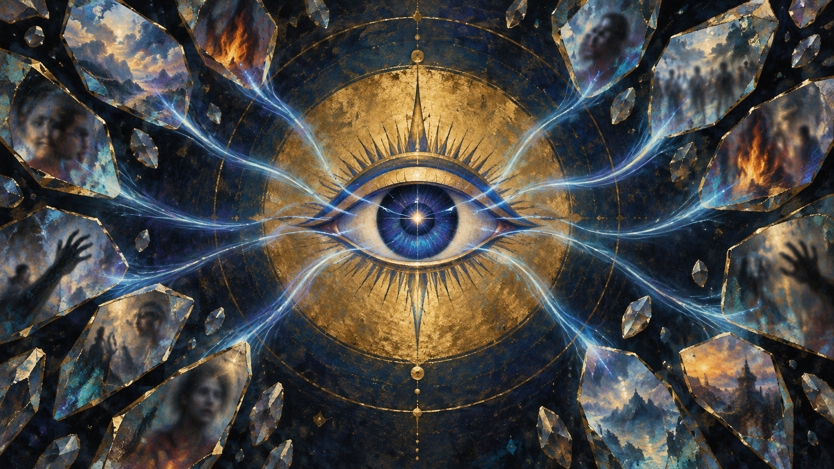 A luminous single eye at the center of golden light, with scattered reflections around it converging into one focused blue radiance.