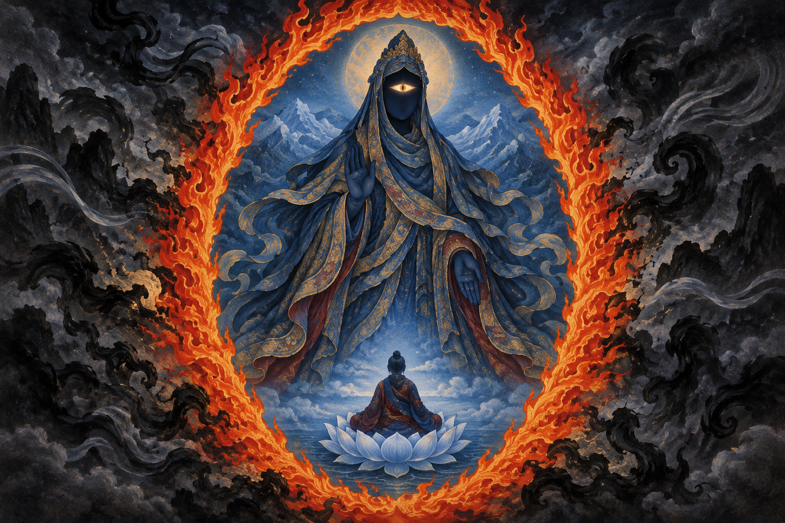 One-eyed Ekajata surrounded by protective flames above a peaceful meditator, while dark storm clouds dissolve outside the fiery boundary.