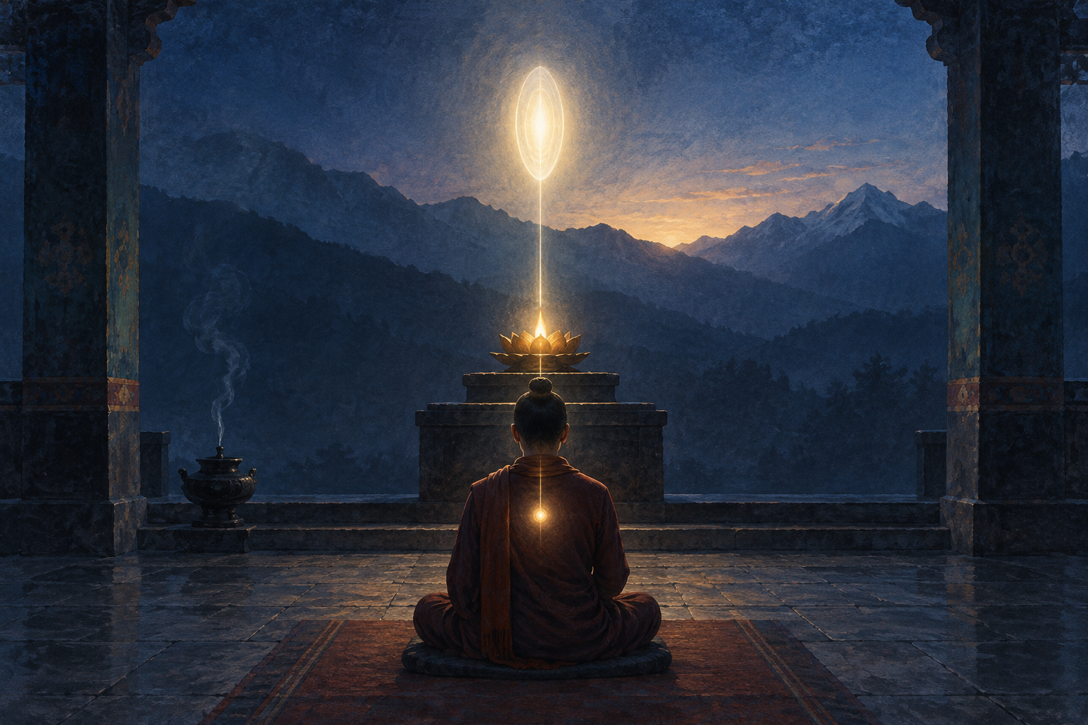 A seated practitioner meditates before a lotus lamp as a single white-gold eye-shaped light glows above it in a quiet blue shrine room.