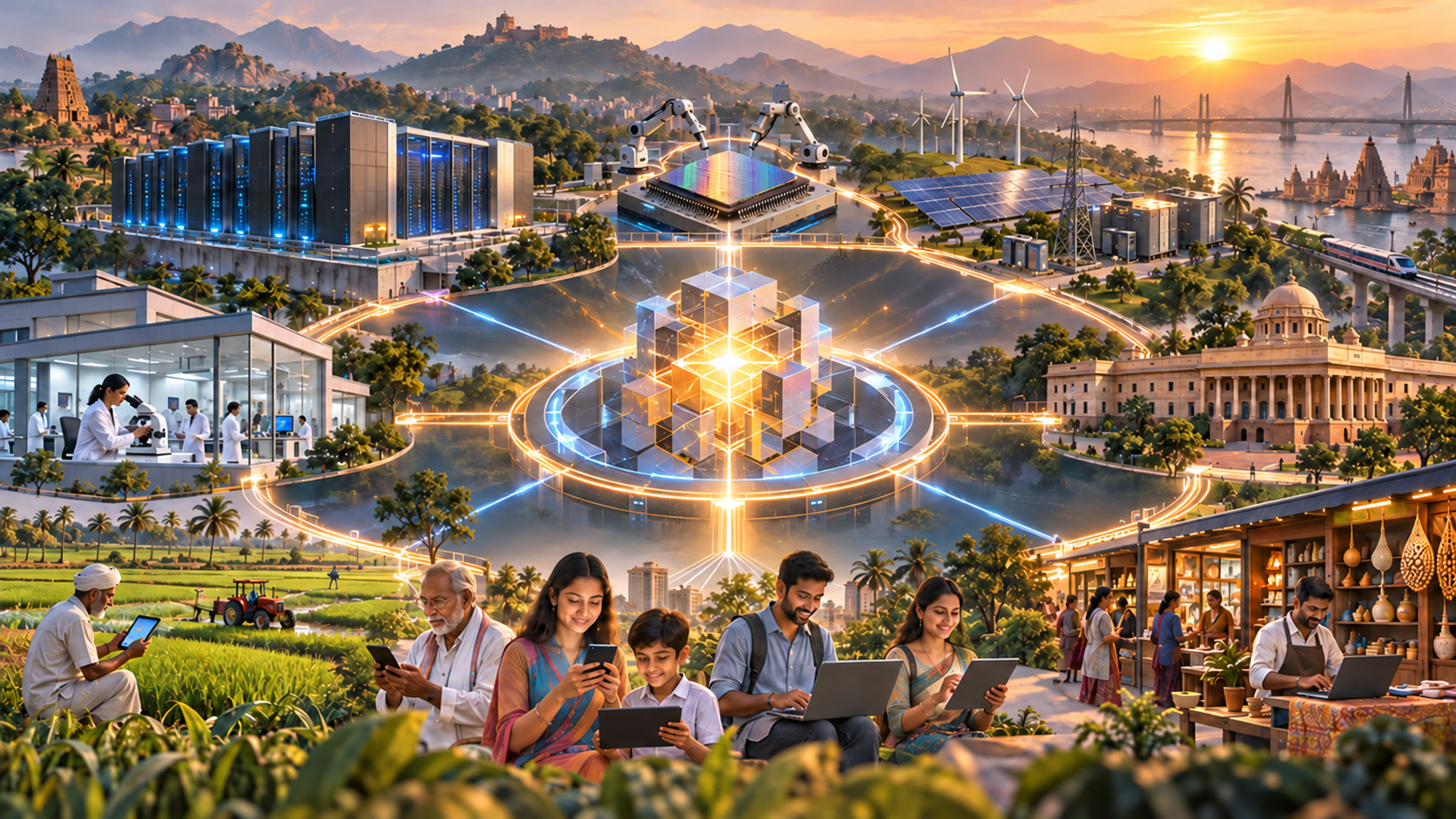 An illuminated artificial intelligence core connects data centers, laboratories, public institutions, farms, businesses and citizens across an Indian landscape.