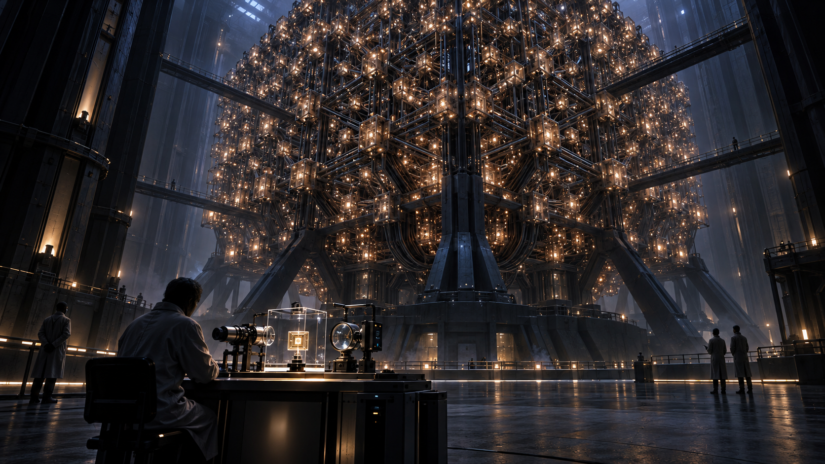Engineers examine a small evaluation station beside a vast modular computing structure representing a trillion-parameter AI model.