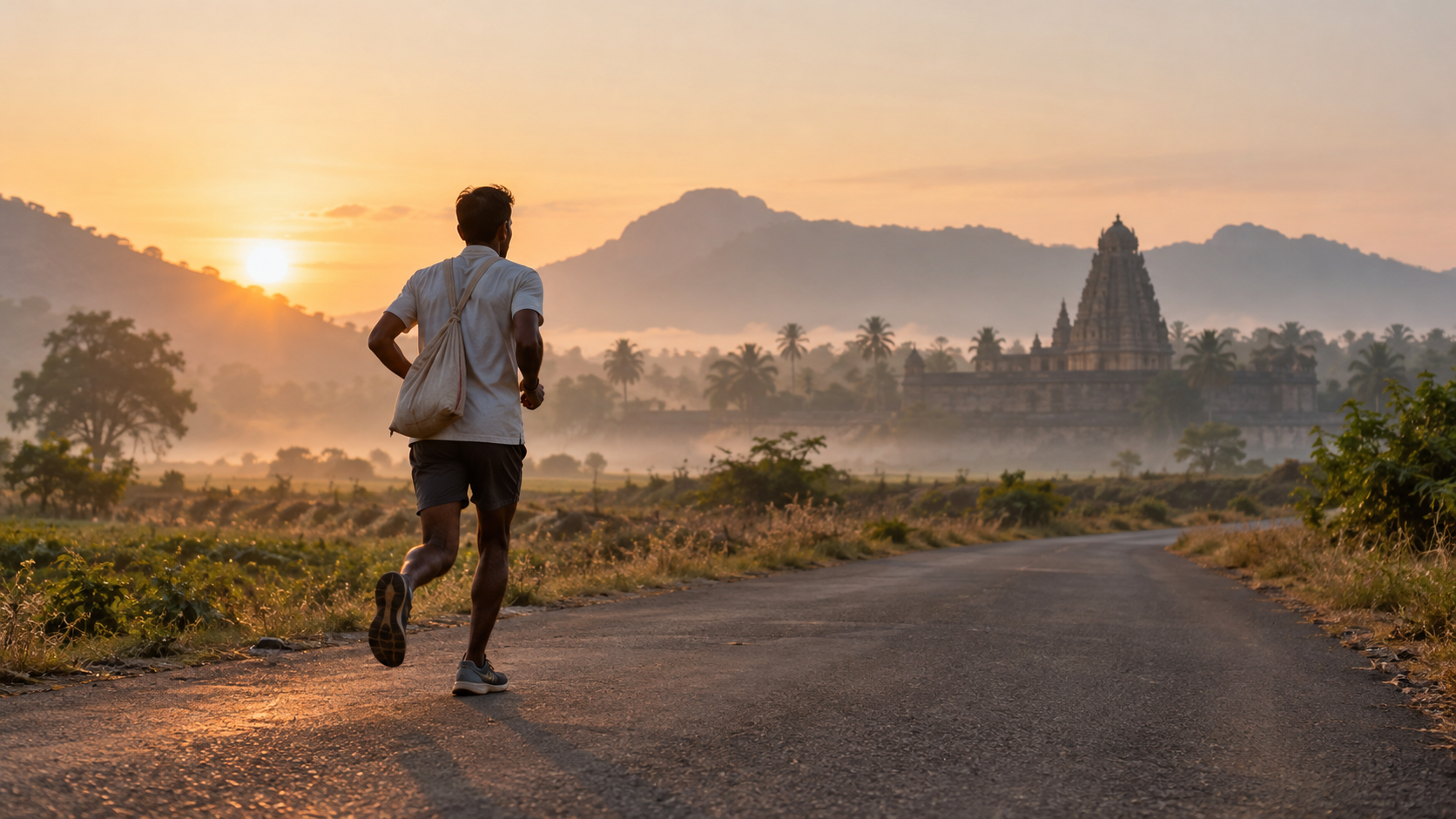 An anonymous male pilgrim runs along a quiet rural road toward a distant temple at dawn.