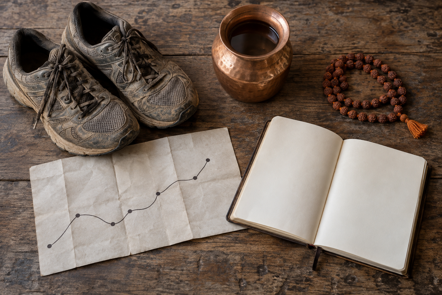 Worn running shoes, a copper water vessel, prayer beads, a blank route map, and an open notebook lie on a wooden surface.