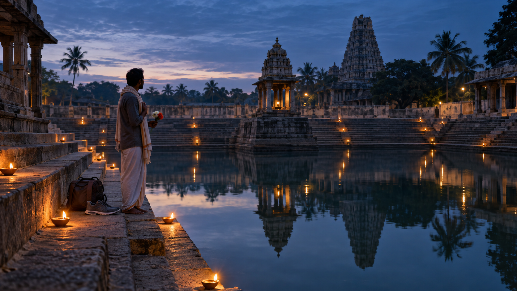 An anonymous pilgrim pauses with flowers beside a temple water tank before sunrise, with running shoes and a travel bag nearby.