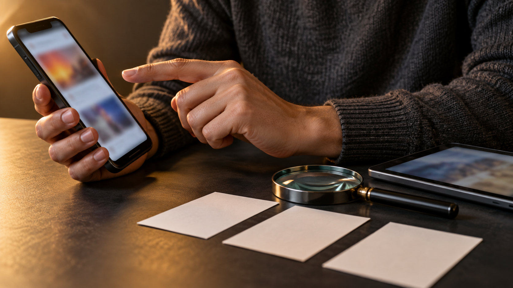 A person pauses before touching a smartphone while comparing several unmarked sources with a magnifying glass.