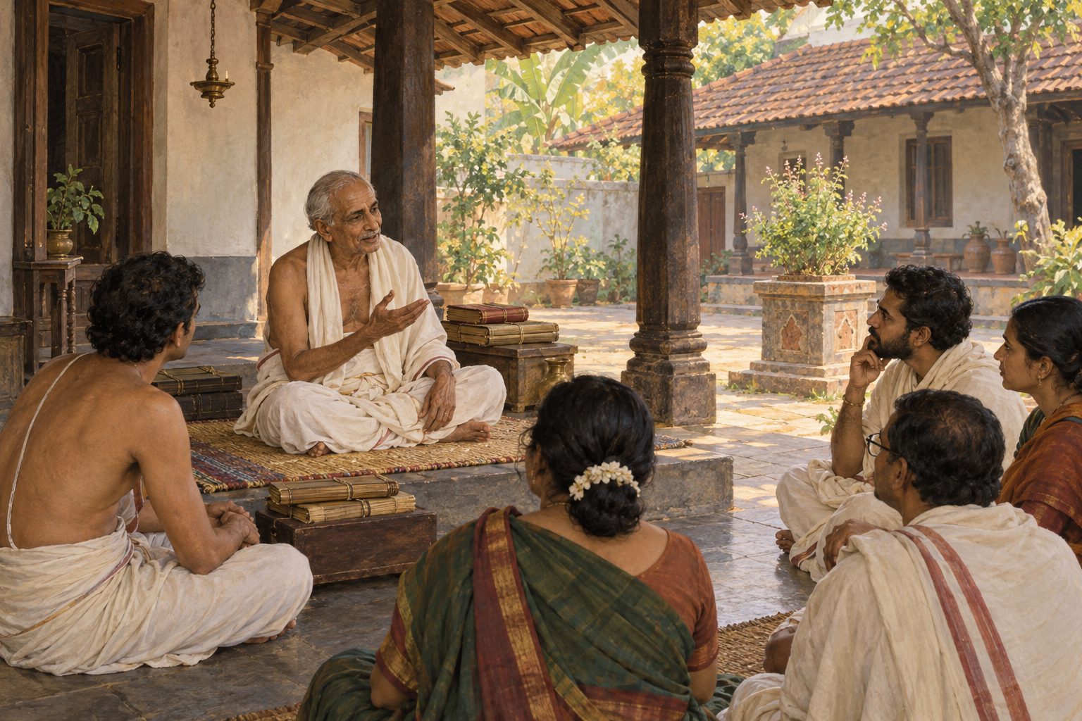 Illustration of a traditionally dressed Vedanta teacher seated on a veranda with a small circle of students in a Mysore home.