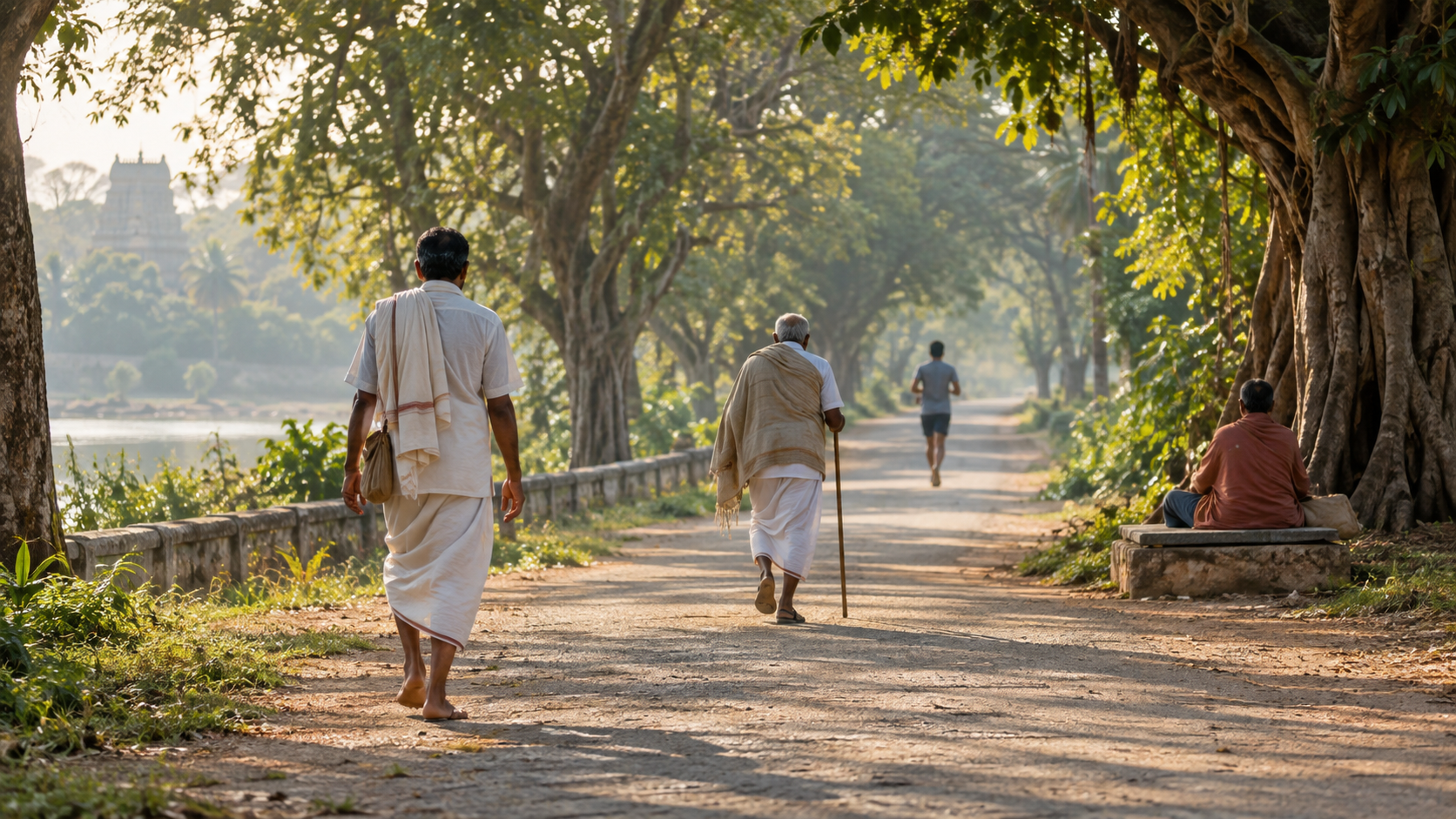 Anonymous pilgrims walk, rest, and run at their own pace along a quiet tree-lined path in the morning.