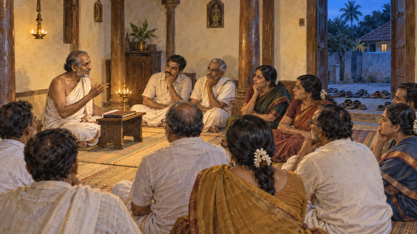 A small group of men and women listens to a Vedanta teacher during an evening gathering in a traditional Mysore house.