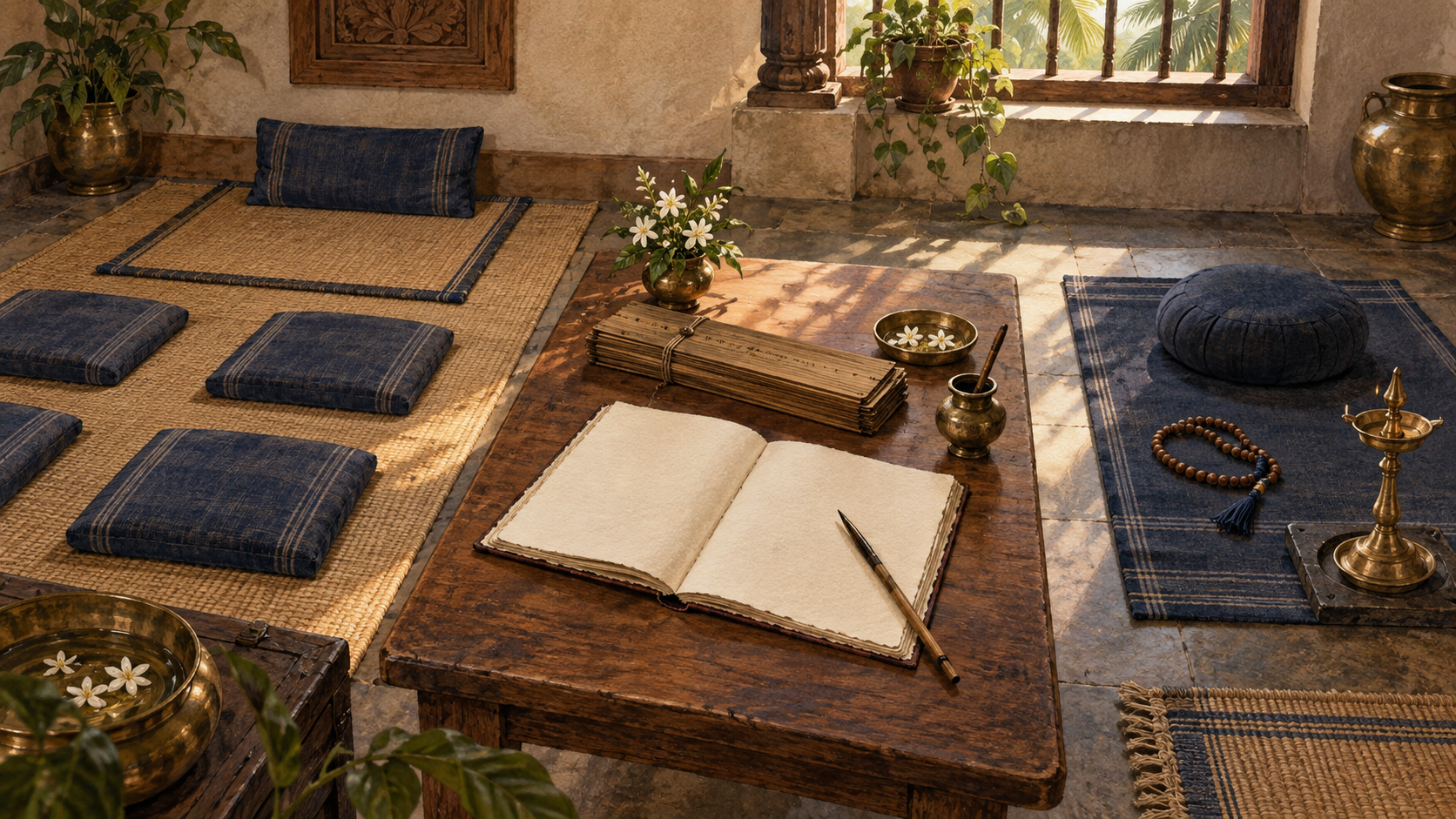 A teaching mat, closed manuscript, blank notebook, prayer beads and brass lamp arranged together in a quiet room.