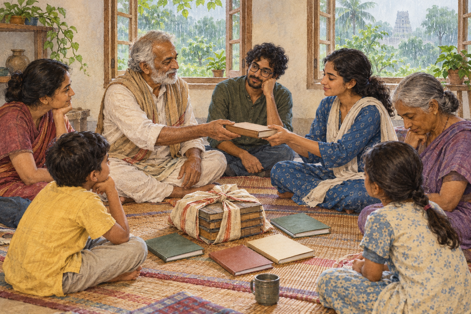 An intergenerational study circle in Mysore gathers around old wrapped books and plain modern notebooks.