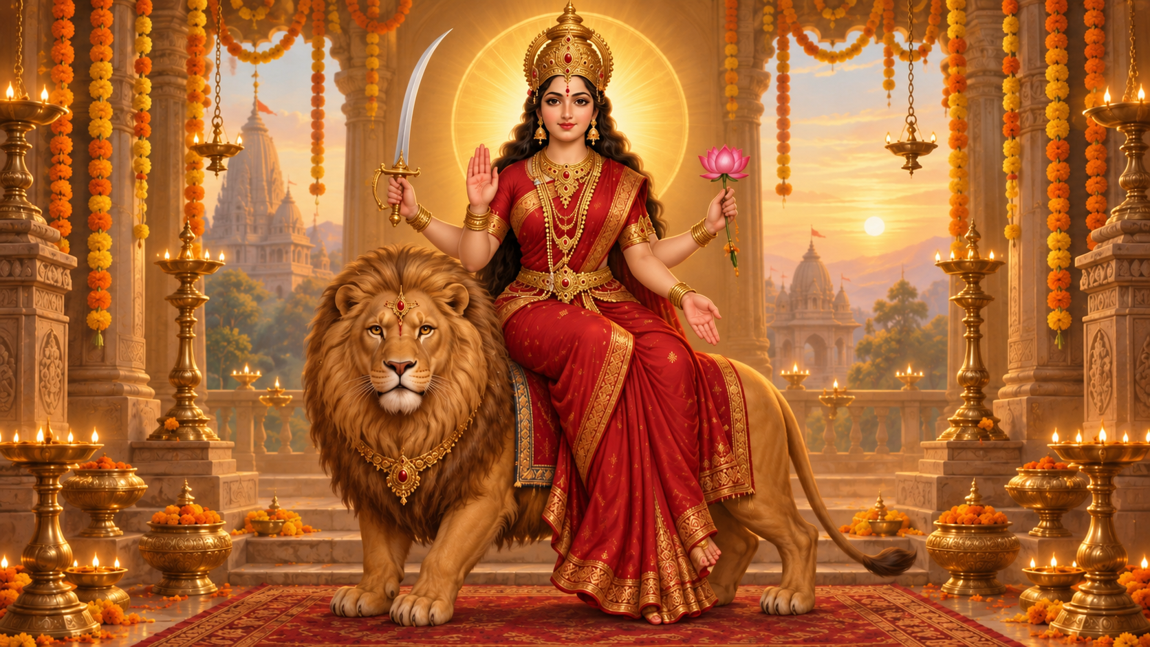 Devotional illustration of four-armed Maa Katyayani seated on a lion, holding a sword and lotus and offering gestures of protection and blessing.