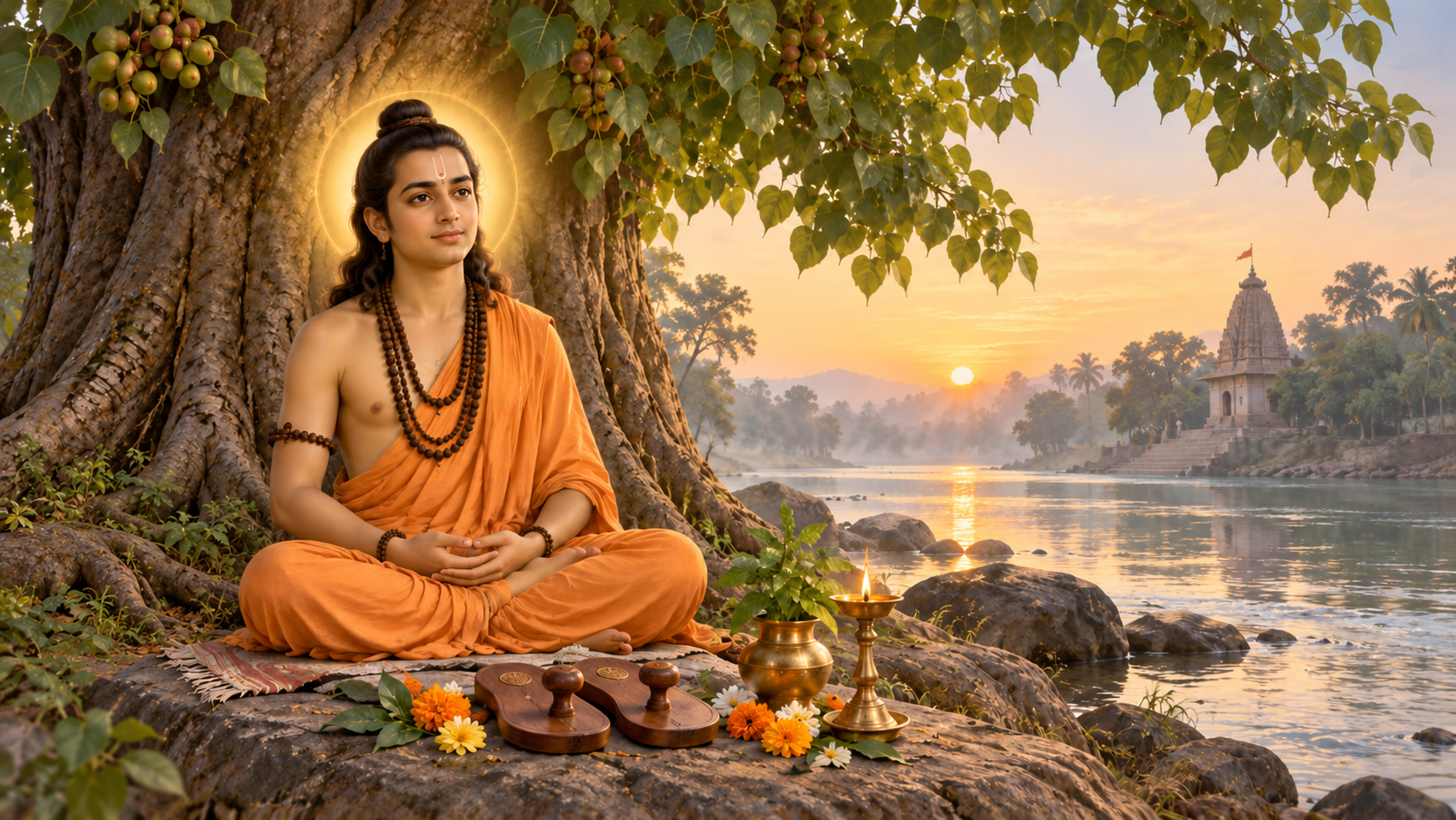 Devotional illustration of Shripad Shri Vallabha meditating beneath an audumbara tree, with wooden padukas, flowers and a lit brass lamp beside a river.