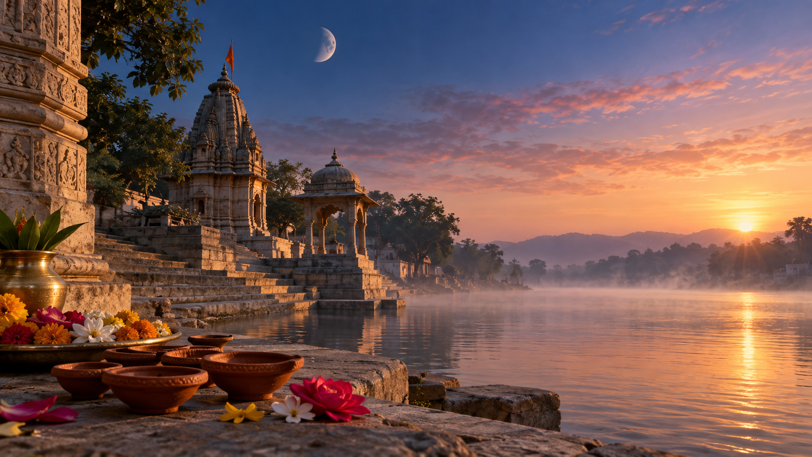 A waning moon above a quiet riverside temple at dawn, with clay lamps and flower offerings on the steps.