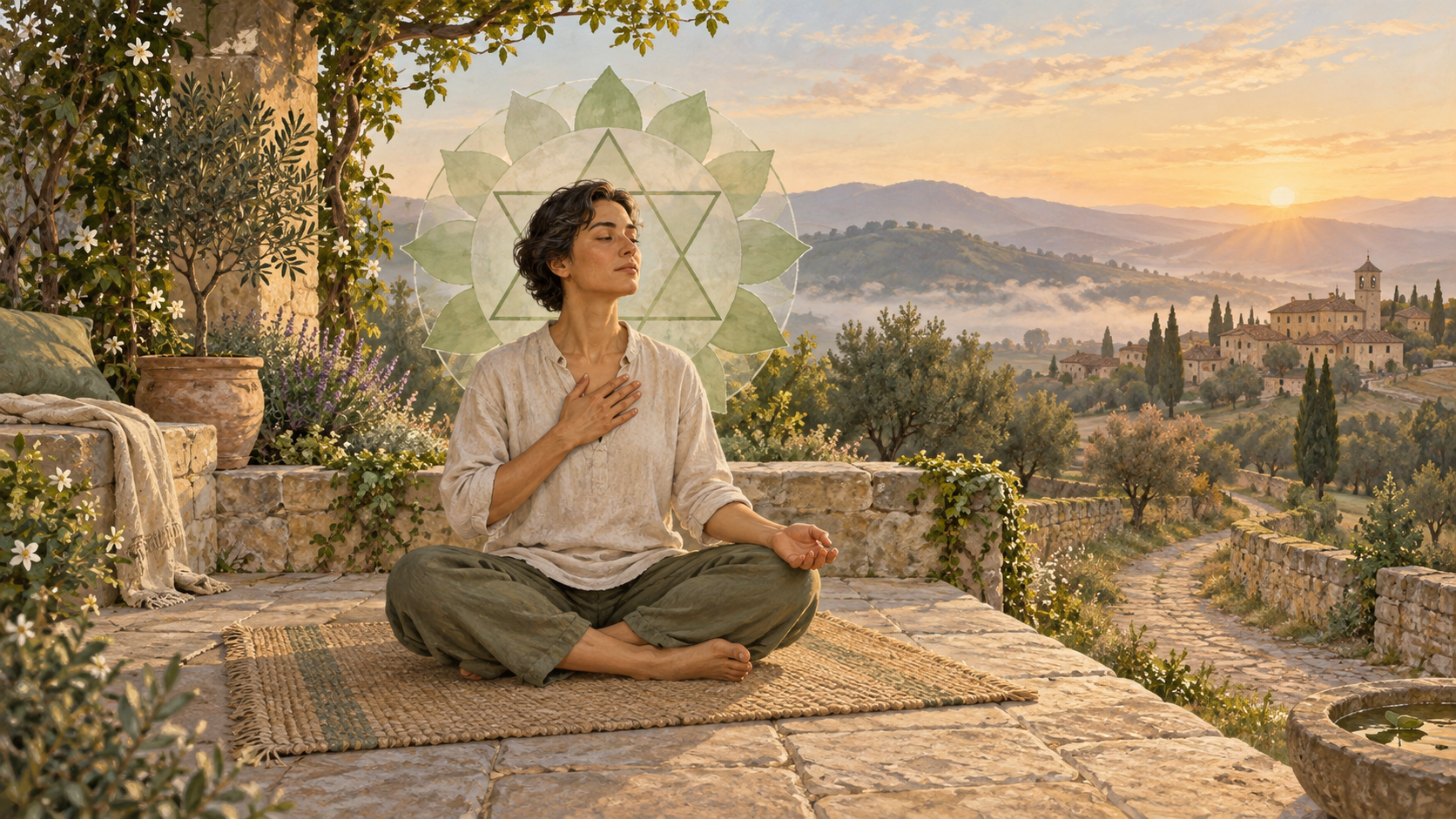 A seated person at dawn with a subtle green twelve-petaled geometric mandala behind the chest, overlooking a garden and a path toward a village.