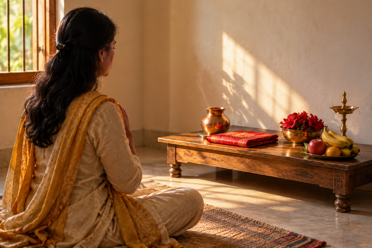 A worshipper sits in quiet reflection before a simple home altar with a brass lamp, copper vessel, red flowers, fruit, and folded cloth.