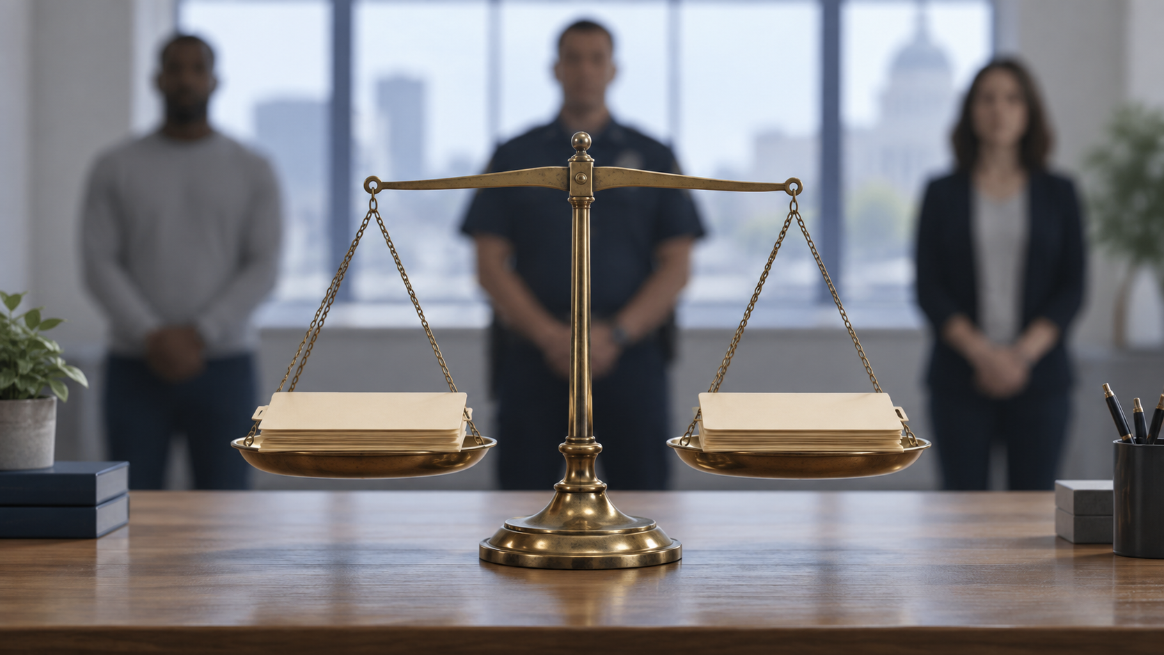 Balanced justice scales hold two identical unmarked case folders, with a police officer and civilians blurred in the background.