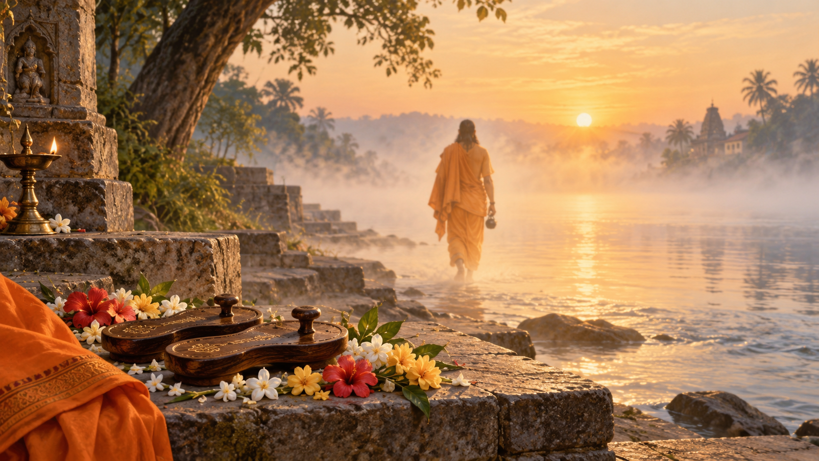 A saffron-robed saintly figure walking into sunlit river mist while wooden padukas and flowers remain on a stone platform.
