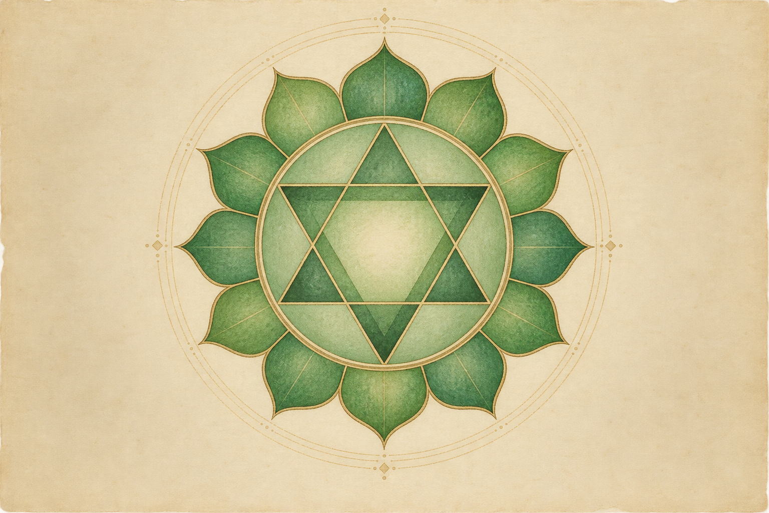 A green twelve-petaled lotus surrounding two interlaced triangles on a plain ivory background.