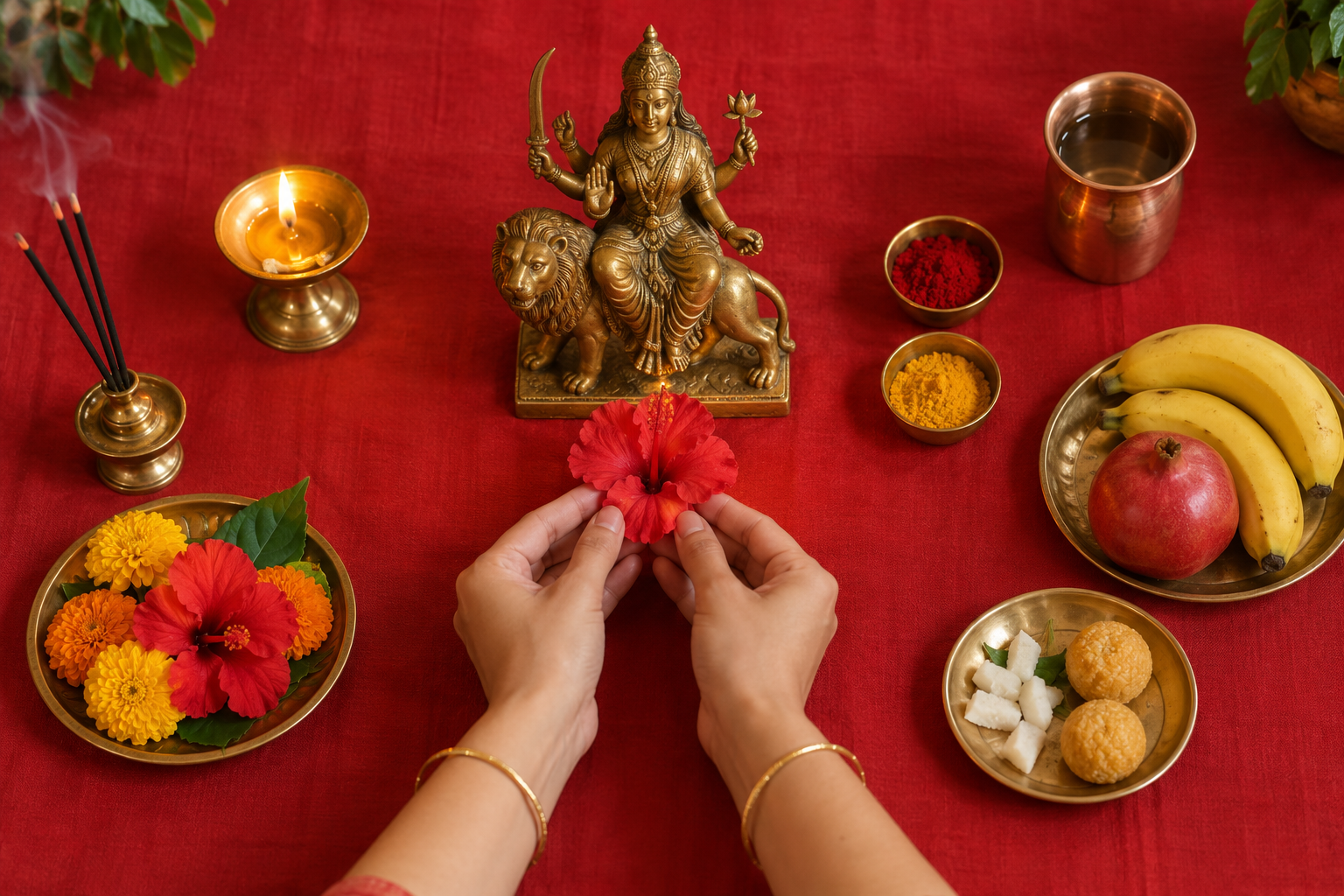 Overhead view of a simple Katyayani home puja with a brass goddess murti, lamp, water, flowers, fruit, incense, turmeric, and kumkum.
