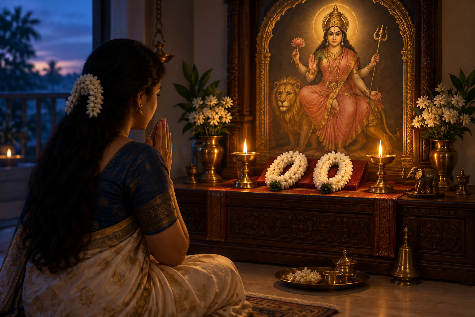 A worshipper prays at a softly lit Katyayani shrine beside two jasmine garlands and two burning brass lamps.