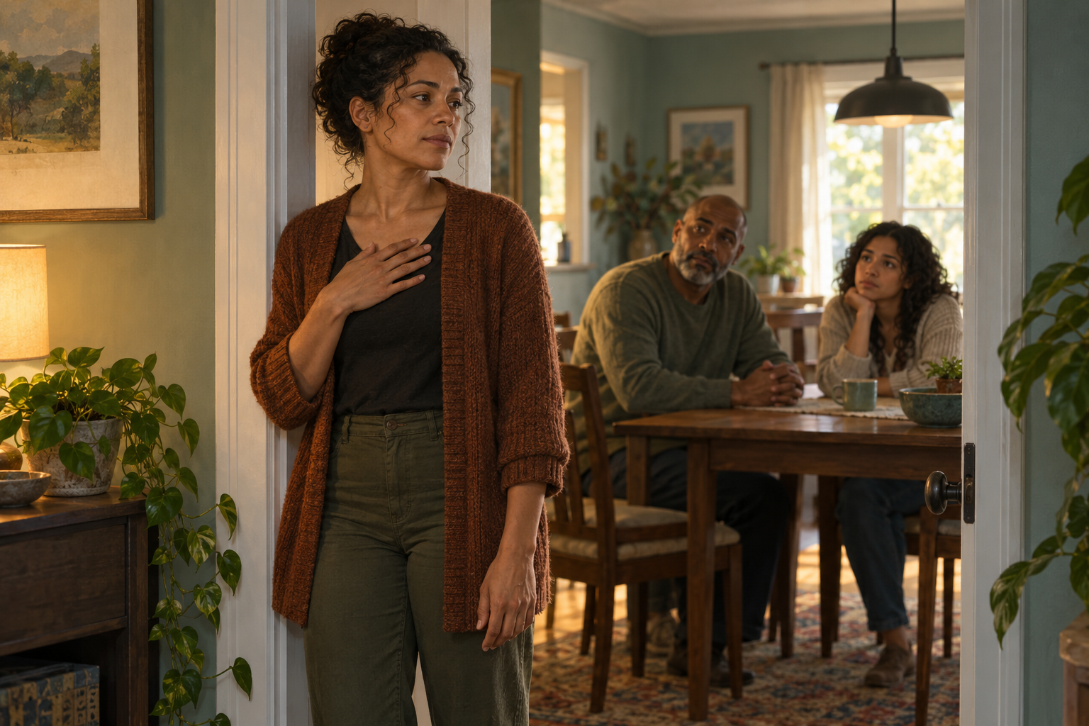 A person pauses in a doorway with a hand at the chest while two family members wait at a table in the next room.