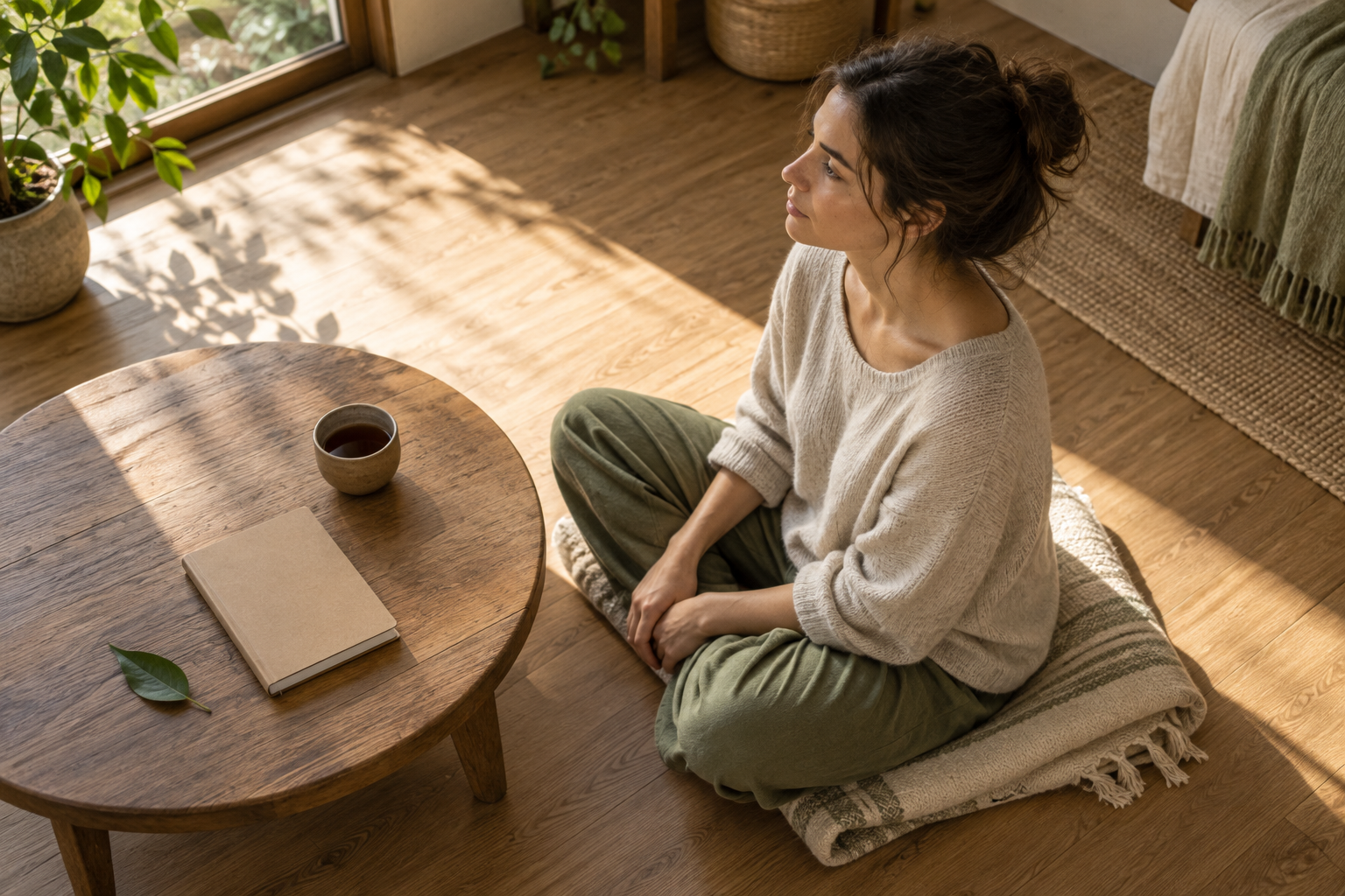 A person sits upright on a folded blanket beside a clay cup, a closed notebook, and a green leaf in a softly lit room.