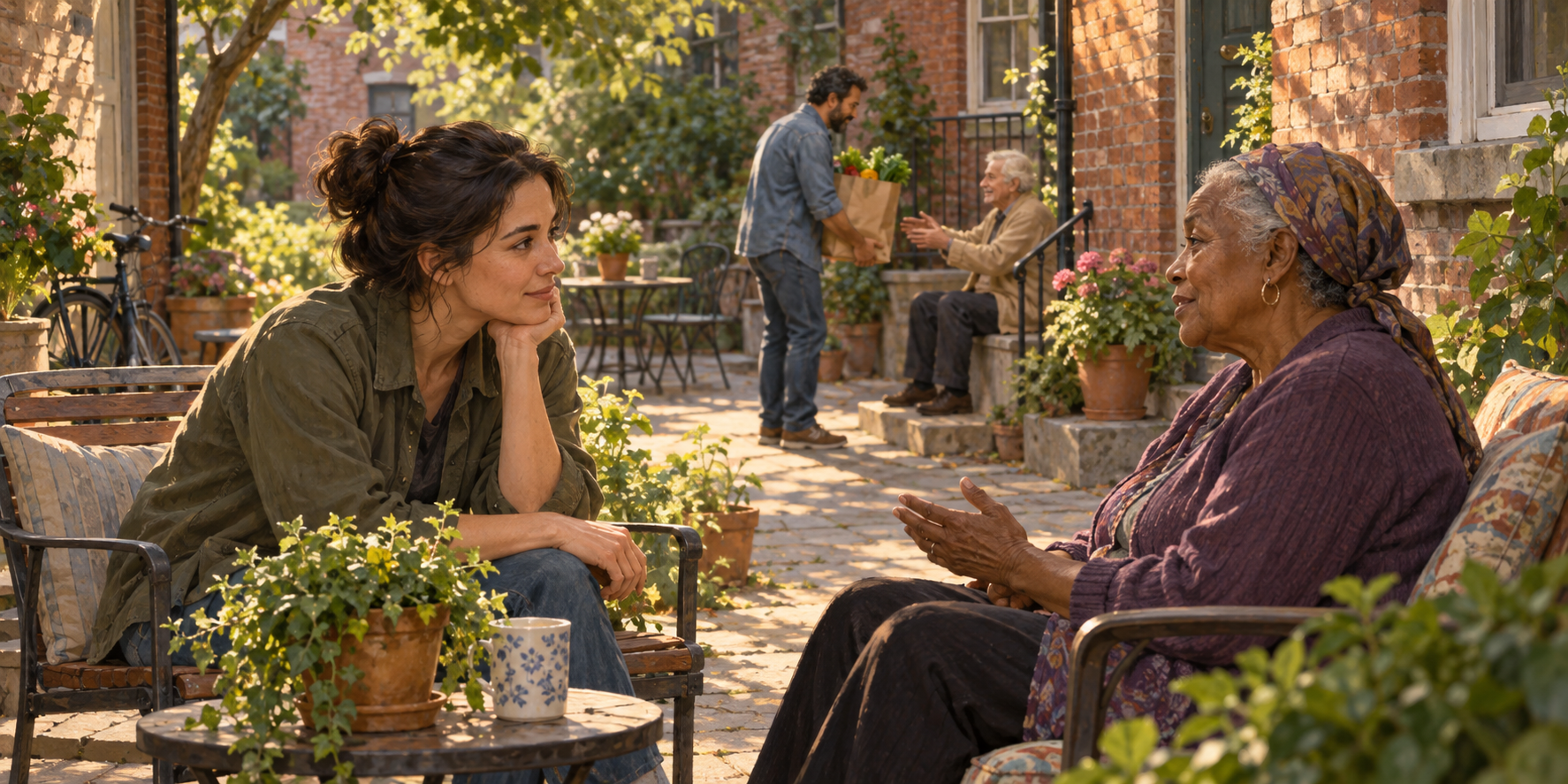 One adult listens to a seated person in a courtyard while another carries groceries toward an older neighbor nearby.