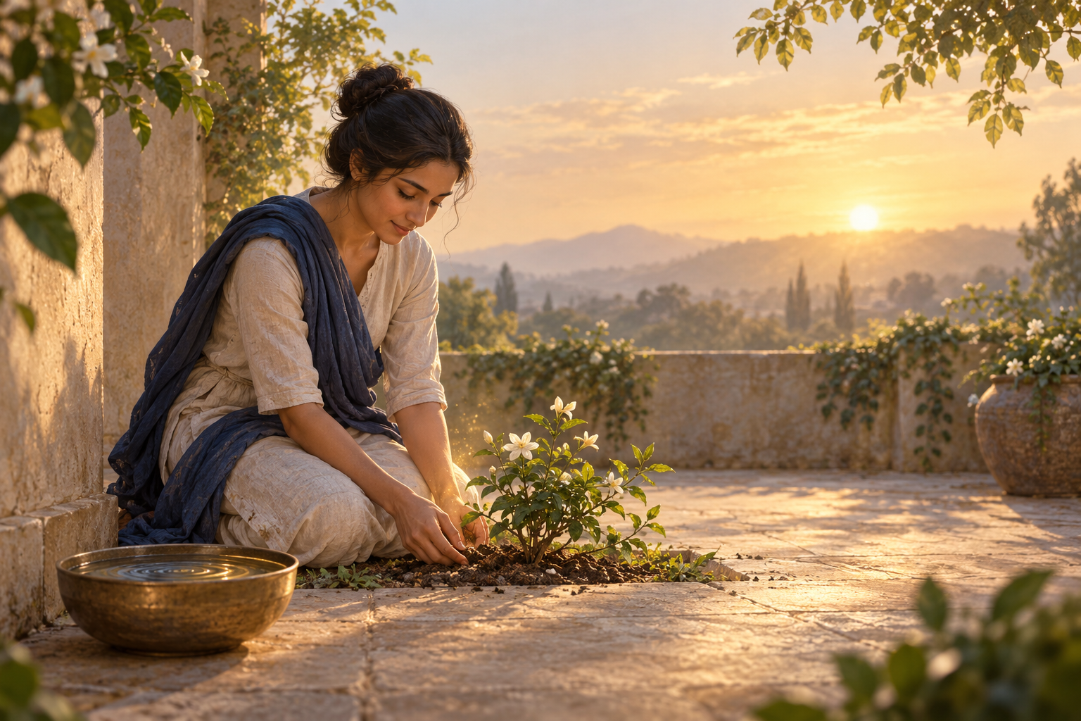 A calm person tends a flowering plant in a sunlit courtyard as golden particles drift from their open hands into the surrounding light.
