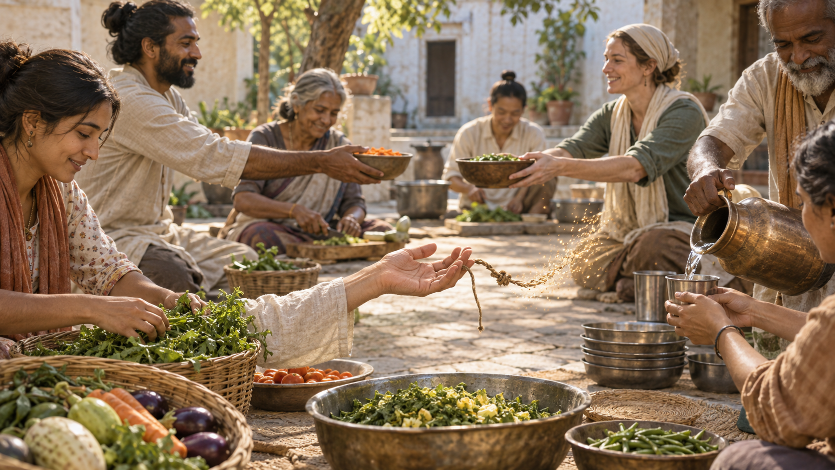 Several people prepare a communal meal while an open hand releases a knotted thread that dissolves into light.