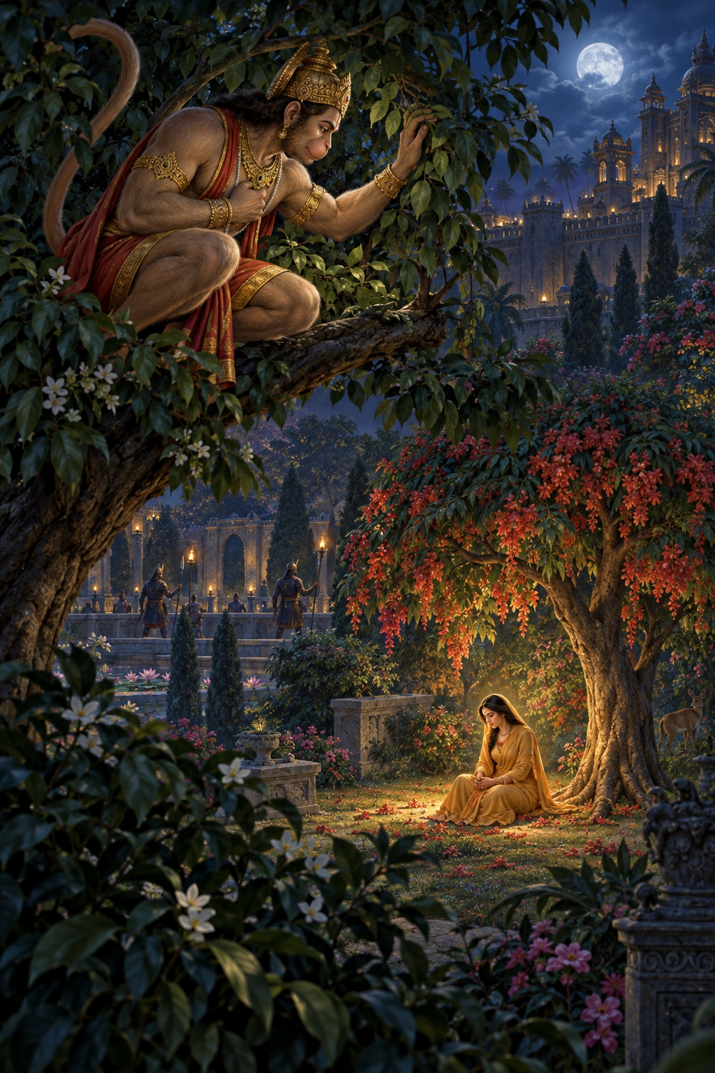Hanuman watches attentively from a tree branch as Sita sits beneath an ashoka tree in the moonlit grove of Lanka.
