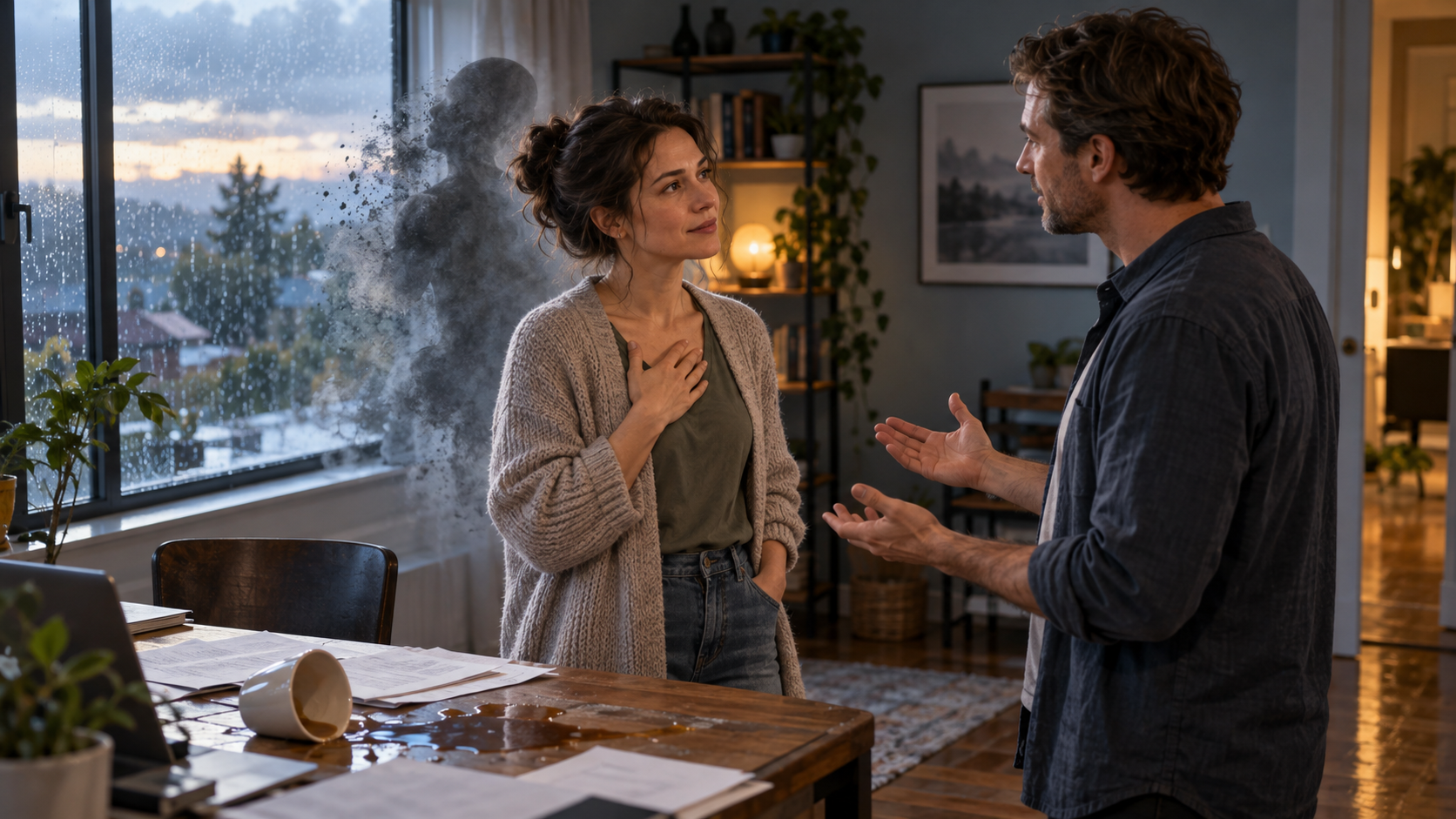 Two people pause during a disagreement as a faint enlarged shadow behind one person begins to dissolve.