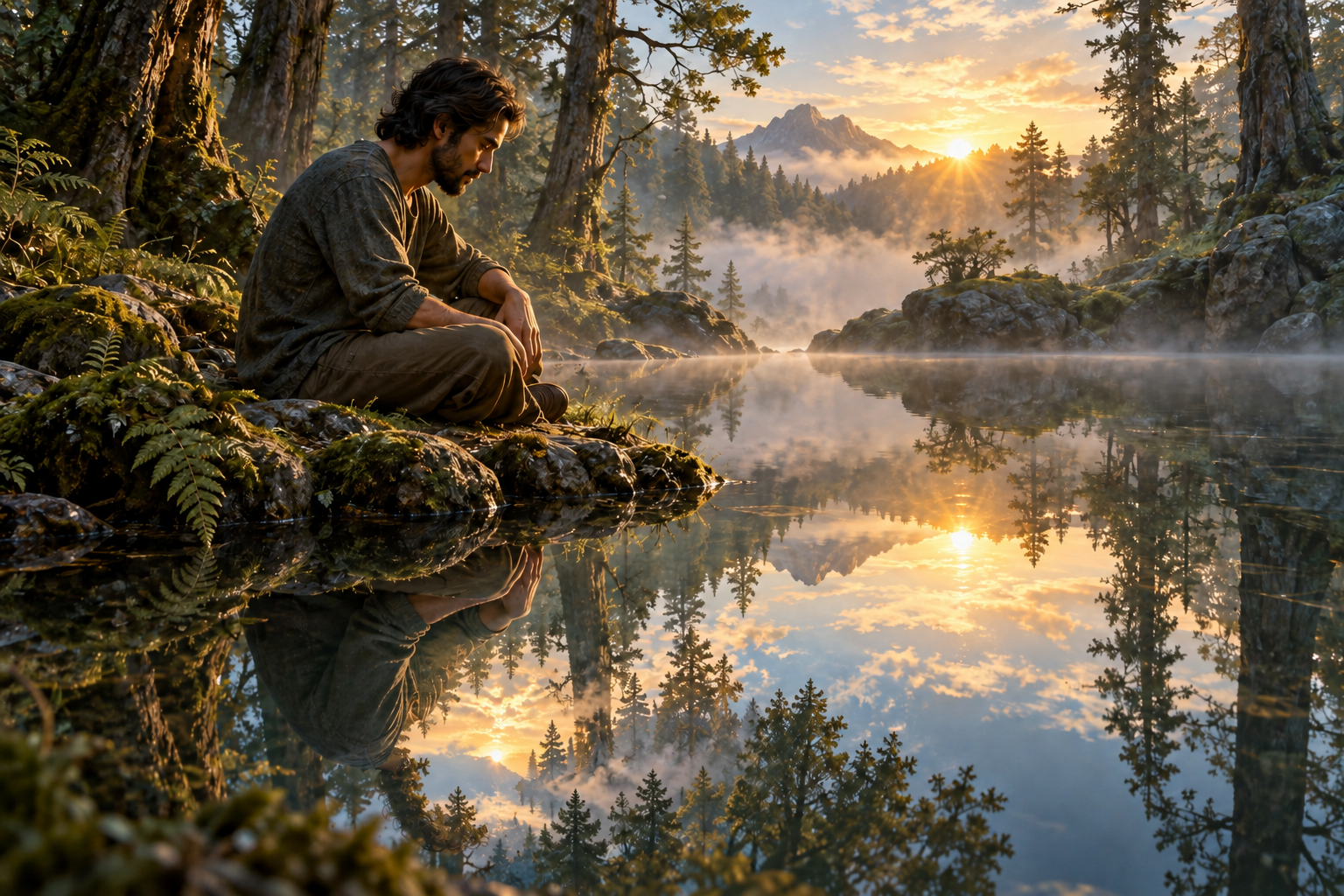 A seated seeker looks into a forest pool where their reflection blends with the luminous sky, trees, and water.