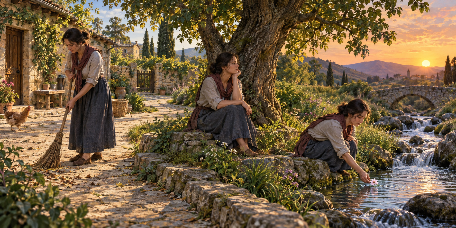 One person sweeps a courtyard, meditates beneath a tree, and offers a flower to a stream across a continuous landscape.
