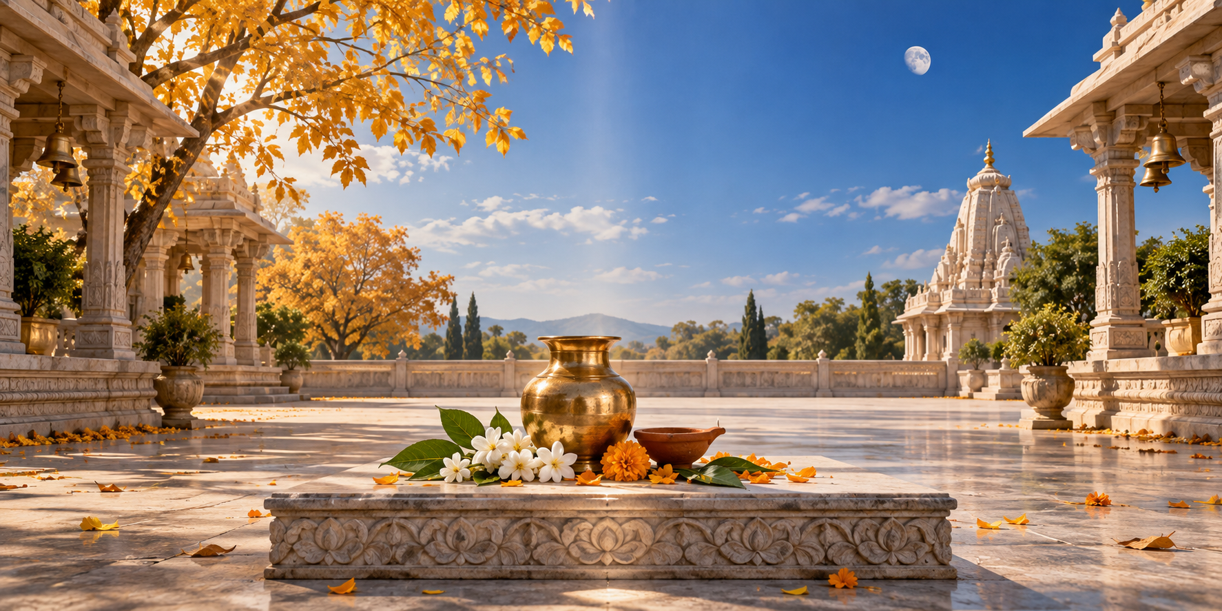 Brass ritual vessels, flowers, and a clay lamp in a temple courtyard divided by a band of midday sunlight beneath a waxing moon.