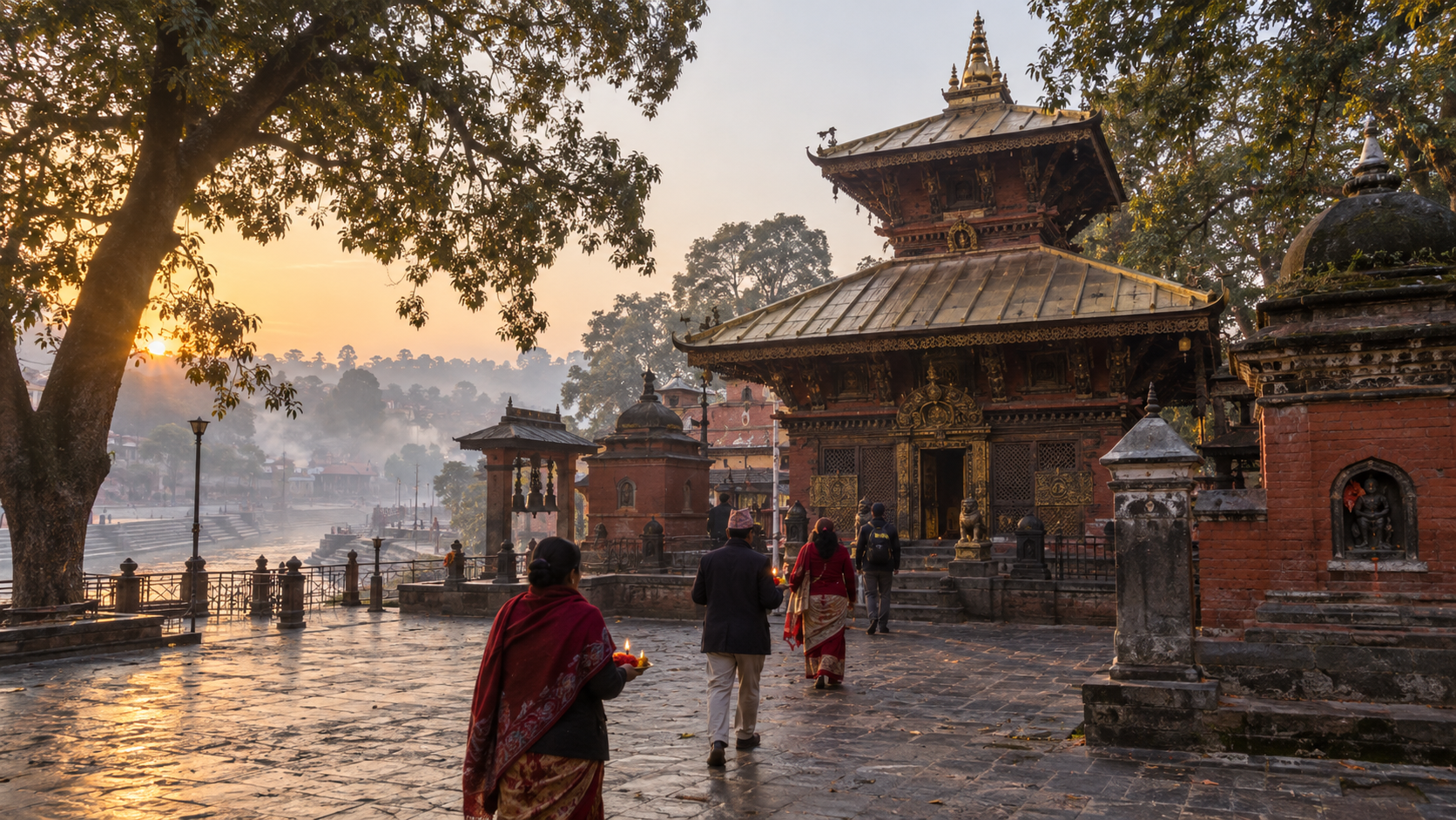 Guhyeshwari Temple and its brick courtyard near the Bagmati River at dawn, with pilgrims approaching with flower and lamp offerings.