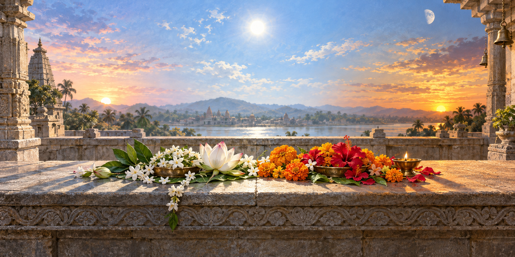 A continuous temple terrace changes from morning to noon and evening, with two flower arrangements meeting at the point of the shortest shadow.