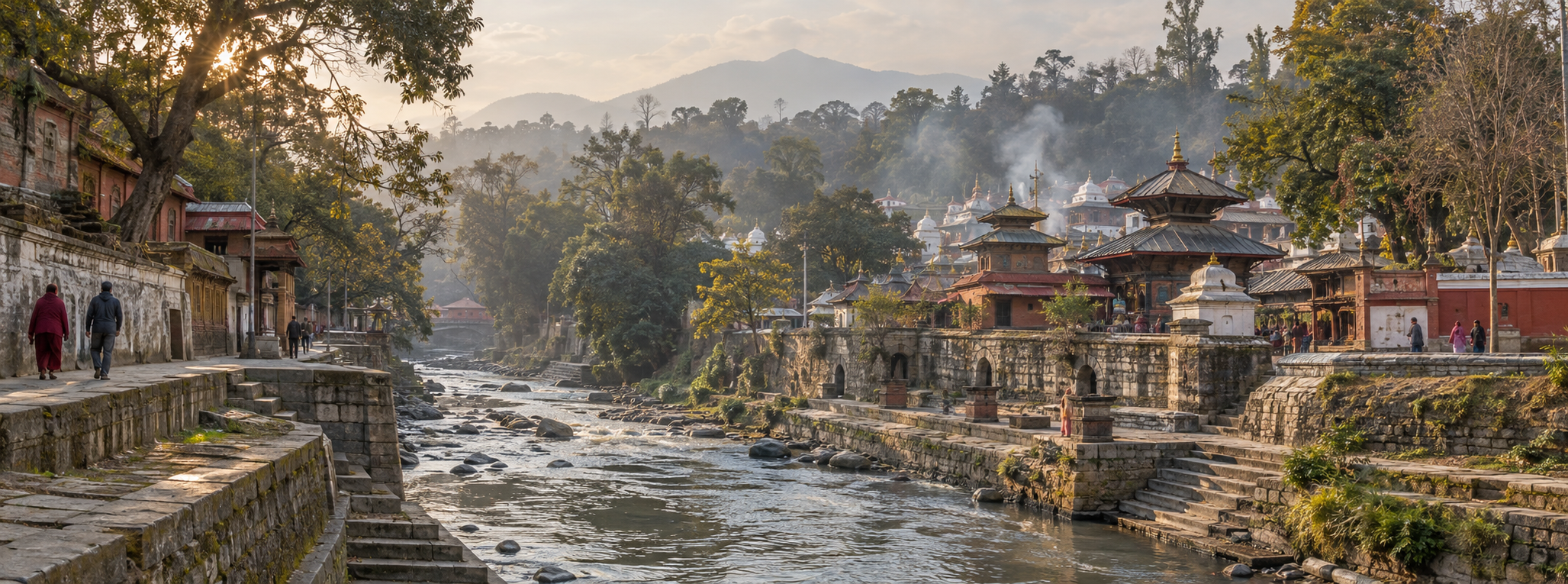 The Bagmati River, stone embankments, wooded banks, and temple roofs surrounding the Guhyeshwari sacred precinct in Kathmandu.