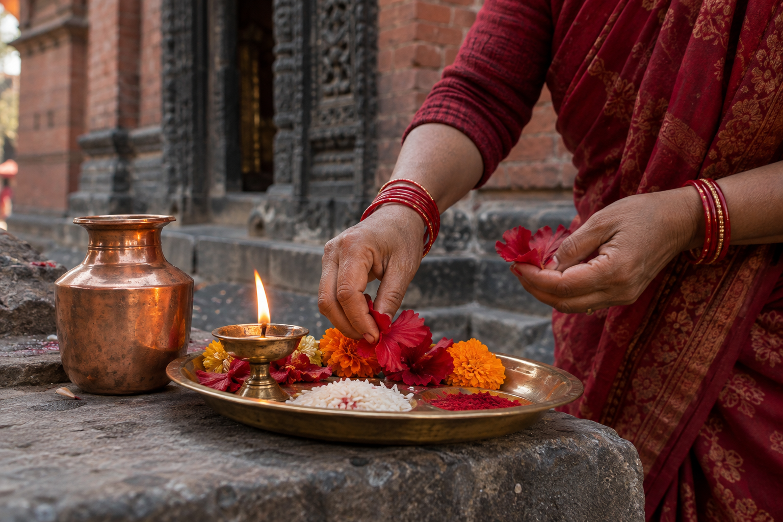 A Shakta devotee holds a metal plate with red flowers, rice, vermilion, and an oil lamp outside Guhyeshwari Temple.
